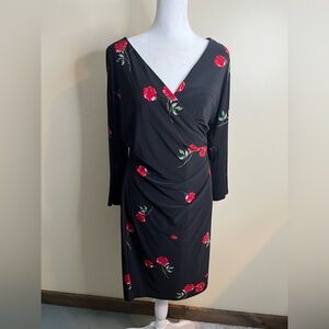 Ralph Lauren Black Knee Length Dress with Red Floral Design